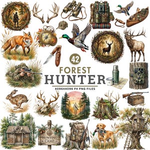 May include: A digital collection of 42 Forest Hunter themed illustrations featuring a hunter, deer, elk, fox, rabbit, dog, duck, canoe, binoculars, backpack, rifle, knife, compass, treehouse, cabin, and hunting camp sign on a white background.