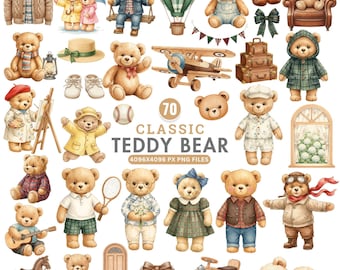 Puede incluir: Ilustraciones en acuarela de osos de peluche clásicos en varios atuendos y escenarios. La imagen incluye osos con accesorios como un columpio, un avión y un caballete, junto con el texto "70 CLASSIC TEDDY BEAR".