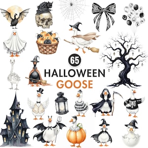 Halloween Goose Clipart, Spooky Silly Goose PNG, Watercolor Halloween Animals, Whimsical Goose Art, Baby Shower Clipart, Cute Witch Goose