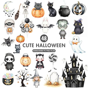 Cute Halloween Clipart, Kids Halloween PNG, Watercolor Ghost Clipart, Pumpkin Png, Spooky Cat Clipart, Cute Halloween Art, Commercial Use