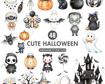 Cute Halloween Clipart, Kids Halloween PNG, Watercolor Ghost Clipart, Pumpkin Png, Spooky Cat Clipart, Cute Halloween Art, Commercial Use