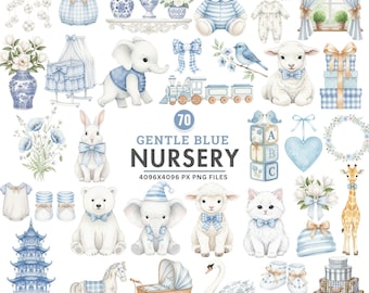 Blue Nursery Clipart, Watercolor Baby Boy PNG, French Chinoiserie Toile, Vintage Grandmillennial Nursery Art, Baby Shower, Commercial Use