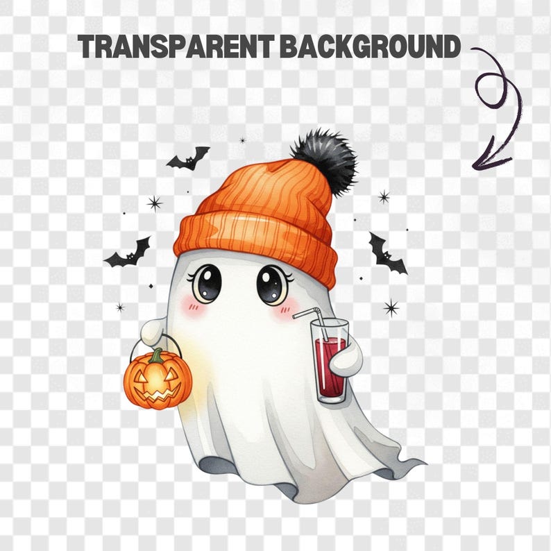 Playful kawaii ghost PNGs in hand-painted watercolor style, ideal for Halloween scrapbooking, printable invitations, and cozy fall projects.