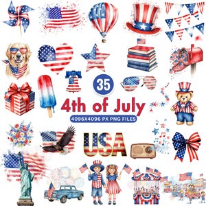 4th of July Clipart, Watercolor Independence Day PNG, Cute Patriotic Kids Clipart, USA Flag Png , American Holiday Graphics Instant Download