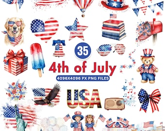 4 juli clipart, aquarel Independence Day PNG, schattige patriottische kinderen clipart, USA vlag png, Amerikaanse vakantie graphics Instant Download