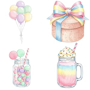Pastel watercolor candy clipart set with marshmallows, cupcakes, and lollipops for commercial use and creative projects