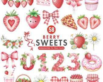 1er anniversaire de petits fruits, des cliparts bonbons aux baies, des fraises, des baies, des cliparts pour baby shower, de jolies fraises, des baies aquarelles, des fraises PNG