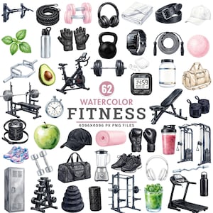 May include: A collection of watercolour fitness illustrations including a pull-up bar, dumbbells, kettlebell, jump rope, exercise bike, weight bench, treadmill, gym bag, boxing gloves, trainers, protein shaker, blender, and healthy food items.