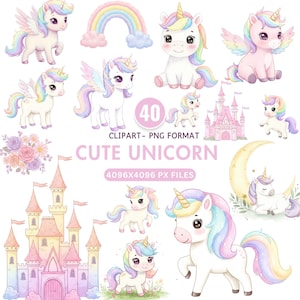Regenbogen Einhorn Aquarell Clipart PNG Niedliche magische Einhörner Mädchen Geburtstagsparty Baby Shower Sublimation Kinderzimmer Kunst Kommerzielle Nutzung
