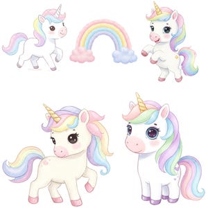 Adorable unicorn illustrations with rainbow manes for digital art and commercial use