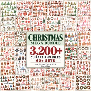 Pacote Gigante de Clipart de Natal, mais de 3200 PNGs em aquarela, Papai Noel fofo, ursinho de pelúcia, bonecos de neve, biscoitos de gengibre, alfabeto natalino, guirlandas, uso comercial