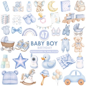 Clipart bébé garçon, décoration de chambre d'enfant ours en peluche, Shower de bébé PNG, fête de révélation du sexe, vêtements pour bébé, poussette, téléchargement immédiat, usage commercial