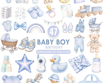 Clipart babyjongen, decor teddybeer, babyshower png, gender Reveal party, babykleertjes, kinderwagen, instant download, commercieel gebruik