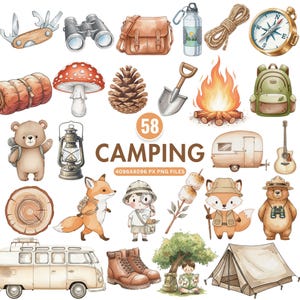 Watercolor Camping Clipart, Cute Camping Animals PNG, Woodland Bear Fox Tent, Kids Outdoor Adventure, Forest Hiking Campfire, Nursery Art