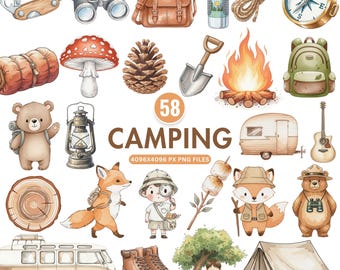 Clipart camping aquarelle, animaux de camping mignons PNG, tente renard ours des bois, aventure en plein air pour enfants, feu de camp de randonnée en forêt, art de la chambre d'enfant