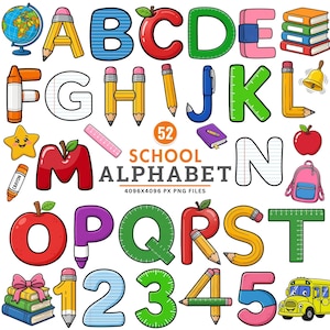 Puede incluir: Una colección de letras y números coloridos con temática escolar que incluye ilustraciones de lápices, manzanas, reglas, libros, un globo terráqueo, mochila, crayón, campana y un autobús escolar amarillo con el texto 52 SCHOOL ALPHABET 4096X4096 PX PNG FILES.