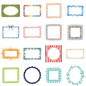 Colorful whimsical frame clipart with doodle style borders and watercolor details, decorative frames suitable for scrapbook layouts, party invitations, and creative stationery.