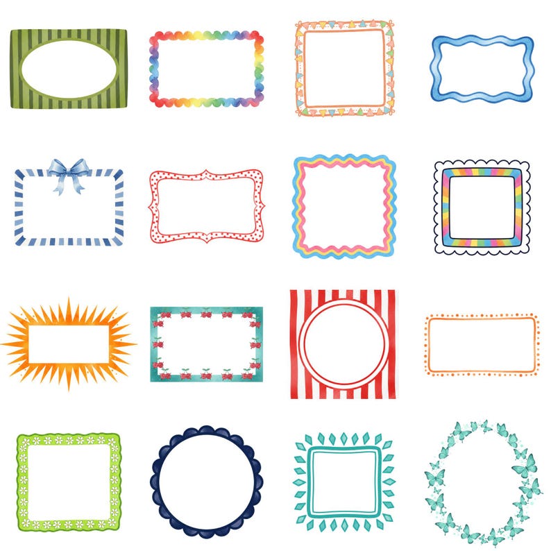 Colorful whimsical frame clipart with doodle style borders and watercolor details, decorative frames suitable for scrapbook layouts, party invitations, and creative stationery.