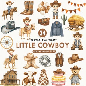 Aquarell kleine Kuh Junge Clipart Wild-West Wüste Kaktus Saloon Sattel Hut Clipart Kinderzimmer Party Dekoration Sofortiger Download Kommerzielle Nutzung