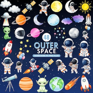 Outer Space Clipart, Space Clipart, Rocket Ship Clipart, Galaxy Planets PNG, Baby Boy Nursery Decor, Cute Astronaut, Birthday Party Graphics
