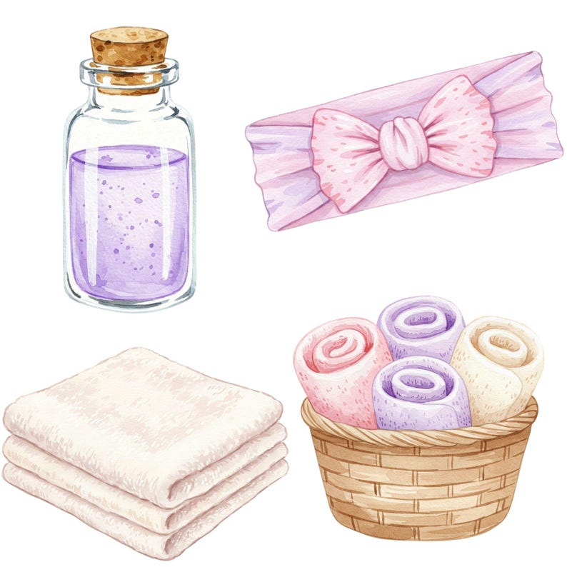 Spa day watercolor illustrations with girls enjoying facials, manicures, and cozy bath time.
