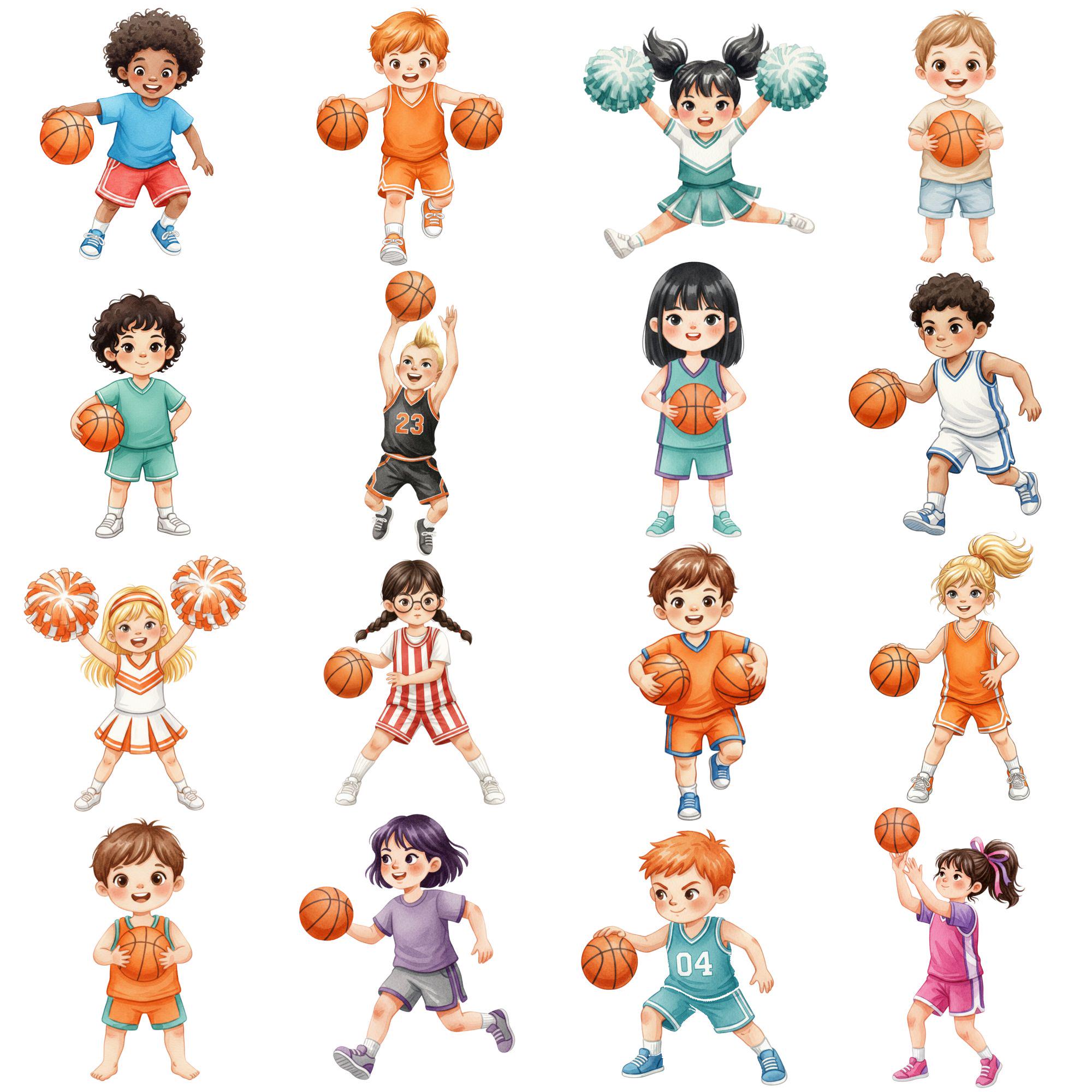 Basketball Kids Clipart, Watercolor Basketball PNG, Sports Clipart Set ...