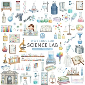 Può includere: Illustrazione ad acquerello di attrezzature da laboratorio scientifico, tra cui becher, provette e un microscopio. L'immagine include il testo "80 WATERCOLOR SCIENCE LAB 4096x4096 PX PNG FILES".