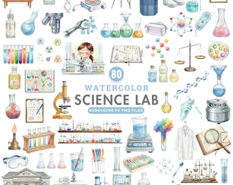 May include: Watercolor illustration of science lab equipment, including beakers, test tubes, microscopes, and a balance scale. The image includes the text "80 WATERCOLOR SCIENCE LAB 4096x4096 PX PNG FILES".