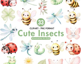Schattige insecten clipart, aquarel bugs PNG, bijen clipart, lieveheersbeestje clipart, vlinder PNG, libel clipart, Instant Download, commercieel gebruik