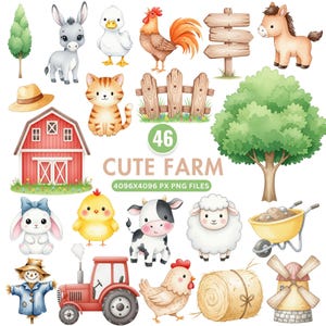 Peut inclure: Illustrations à l'aquarelle d'animaux et d'objets de la ferme, dont une grange rouge, un tracteur, un coq, une vache, un mouton et une botte de foin. L'image présente également un âne, un canard, un chat, un cheval et un panneau. Le texte "CUTE FARM" est affiché.