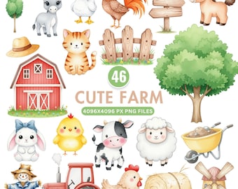 Cute Farm Clipart, Watercolor Farm Animals PNG, Baby Farm Clipart, Barn Animal PNG, Cottagecore Farm Art, Baby Shower Clipart, Kids Farm Art