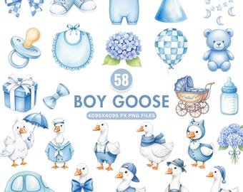 Akvarell gås Clipart, blå fånig gås PNG, gåskonst, babypojke Clipart, söt gåsillustration, vintage gås, babyshower Clipart