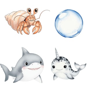 Cute sea animals PNG with watercolor texture for kids room or invitation projects