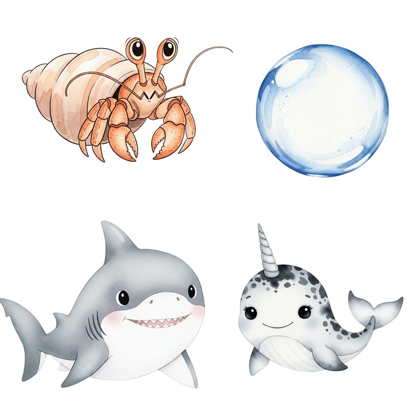 Cute sea animals PNG with watercolor texture for kids room or invitation projects