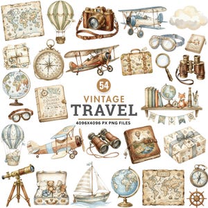Könnte beinhalten: Aquarellillustrationen zum Thema Vintage-Reisen. Das Bild zeigt eine Kamera, Flugzeuge, einen Heißluftballon, einen Kompass, einen Globus, ein Fernglas und einen Koffer. Der Text "VINTAGE TRAVEL" ist zu sehen.