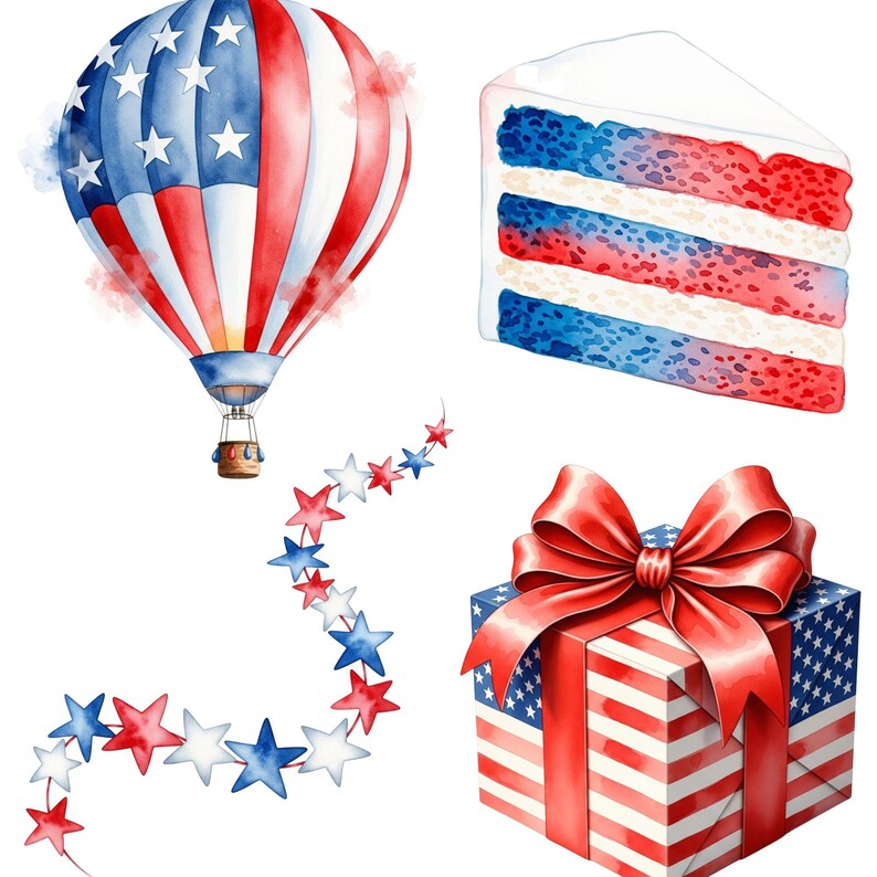 4th of July Clipart, Watercolor Independence Day PNG, Cute Patriotic ...