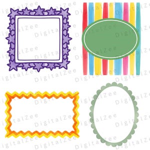 Watercolor whimsical decorative frames with hand drawn doodle borders and colorful accents designed for invitations, craft projects, scrapbooking, and printable artwork.