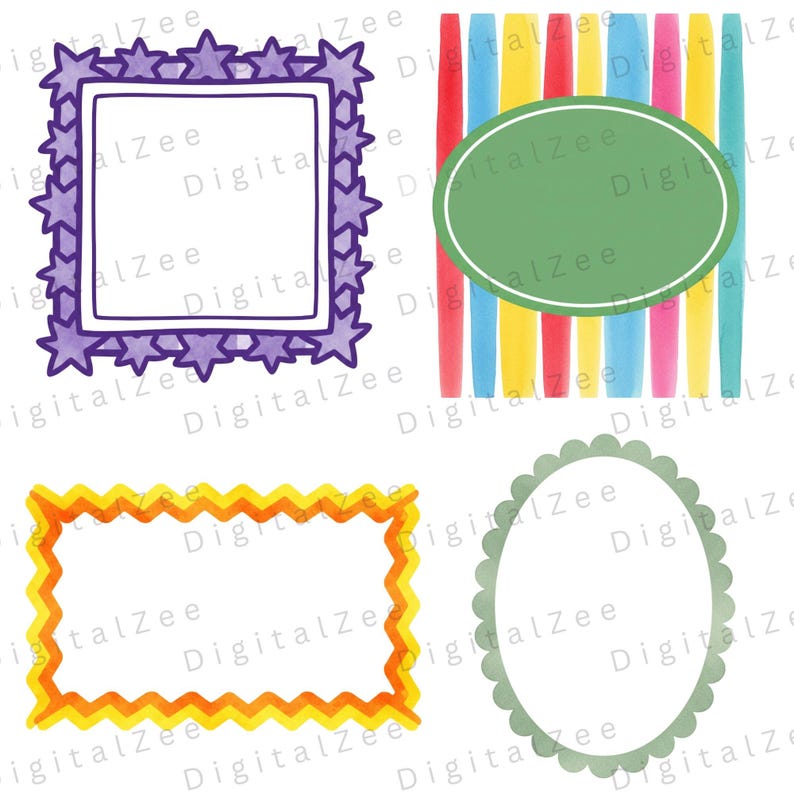Watercolor whimsical decorative frames with hand drawn doodle borders and colorful accents designed for invitations, craft projects, scrapbooking, and printable artwork.