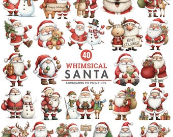 Könnte beinhalten: Eine Sammlung von 40 skurrilen Weihnachtsmann-Illustrationen in verschiedenen Posen, die rote Anzüge und Hüte tragen. Einige Weihnachtsmänner sind mit Rentieren, Schneemännern und Teddybären. Der Text "WHIMSICAL SANTA" und "HAPPY HOLIDAYS!" sind sichtbar.