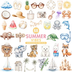 Cute Summer Animals Clipart, Summer Vibes Png, Summer Clipart, Watercolor Beach PNG, Ocean Baby Animals, Tropical Holiday, Summer Beach Art