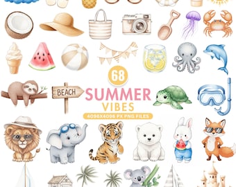 Cute Summer Animals Clipart, Summer Vibes Png, Summer Clipart, Watercolor Beach PNG, Ocean Baby Animals, Tropical Holiday, Summer Beach Art