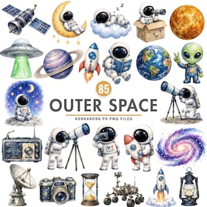 May include: A collection of watercolor outer space illustrations featuring astronauts, planets, rockets, a satellite, a UFO, a galaxy, a telescope, a camera, an hourglass, a rover, and a lantern, with the text 85 OUTER SPACE 4096X4096 PX PNG FILES.
