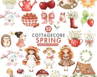 Cottagecore Spring Clipart, Akvarell Djur PNG, Blomsterträdgårdar, Söt Jordgubb Clipart, Skogsmark Varelser, Baby Shower, Kommersiellt Bruk