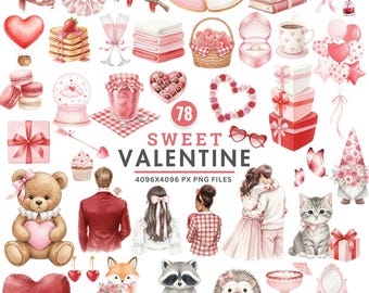 Valentine Clipart, Romantic Elements Png, Watercolor Heart Art, Woodland Animals PNG, Cute Animals, Heart Balloon, Kawaii Valentine Clipart