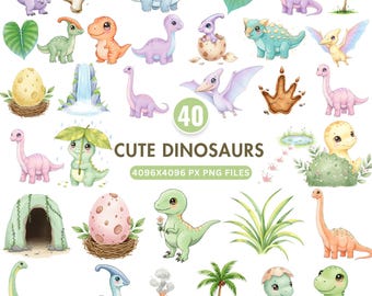 Cute Dinosaur Clipart, Watercolor Baby Dino PNG, Kids Room Decor, Cute T Rex Birthday Party, Baby Shower, Instant Download, Commercial Use