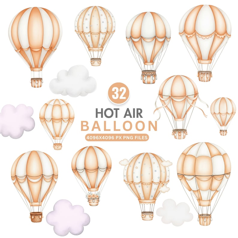 Orange Hot Air Balloon Clipart, Air Transport Clipart, Watercolor Baby ...