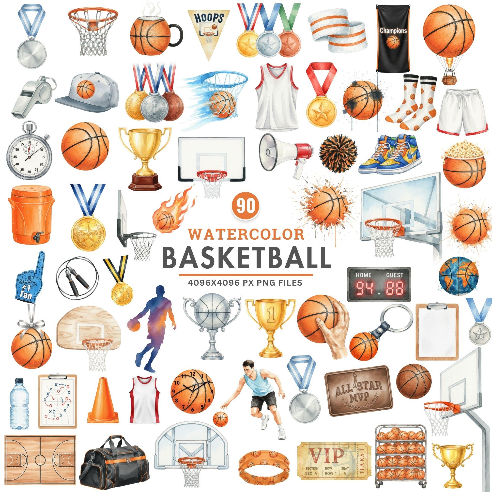 Basketball Clipart Bundle, Watercolor Basketball PNG, Sports Clipart ...