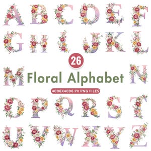 Alfabeto floral, letras de flores rosas en acuarela (PPT), letras, gráficos digitales del alfabeto, monograma floral de primavera