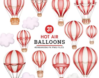 Clipart di mongolfiera, mongolfiera rossa ad acquerello PNG, clipart per baby shower, decorazioni boho per la cameretta, mongolfiera pastello, download per festa di neonato