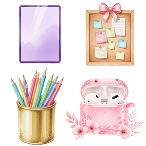Teacher clipart elements with notebooks, books, and school accessories in soft colors
